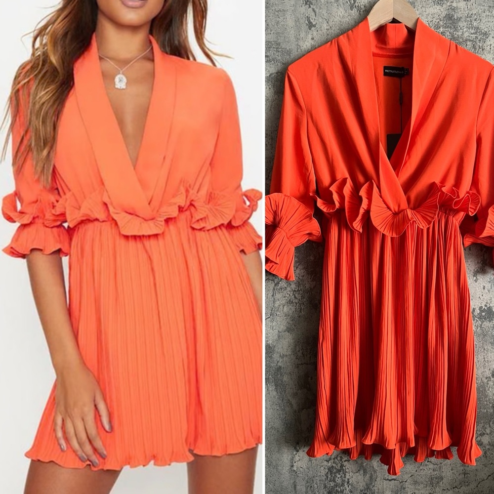 Stunning Orange dress with deep v neck and ruffle detail spring/summer dress - Picture 3 of 15